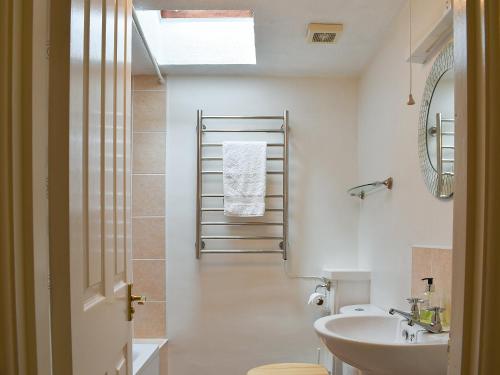 a bathroom with a sink and a toilet and a mirror at Dove Cottage in South Hill