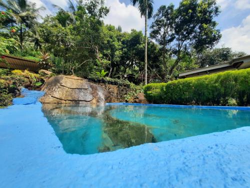 uma piscina com água azul e uma rocha em Green Leaf Holiday Bungalow em Ratnapura