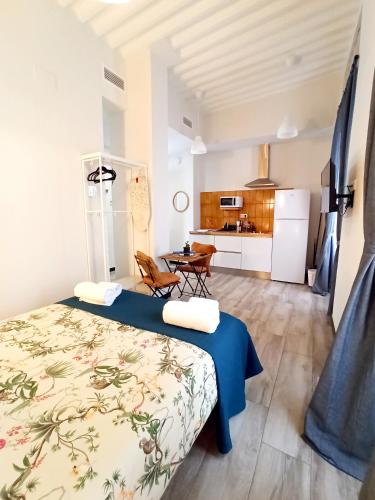 a bedroom with a large bed and a kitchen at Apartamentos La Higuera by VGH in Jerez de la Frontera
