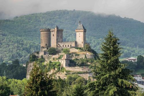 un château au sommet d'une colline plantée d'arbres dans l'établissement Maison 6 places, en plein cœur de l’Ariège, proche ski et nature, à Lesparrou