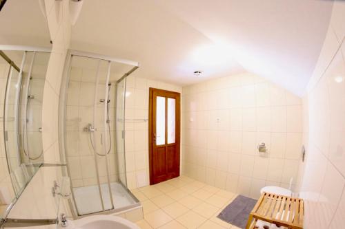 a bathroom with a shower and a toilet at Apartmán Linda Tále in Tale