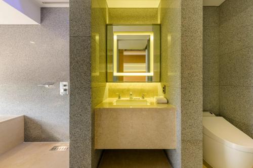 a bathroom with a sink and a mirror and a toilet at STANFORD Hotel & Resort Jeju in Jeju