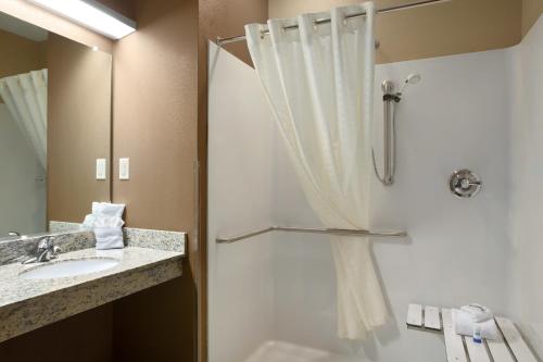 La salle de bains est pourvue d'une douche, d'un lavabo et d'un miroir. dans l'établissement Microtel Inn & Suites Fairmont, à Fairmont