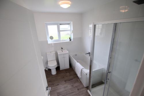een witte badkamer met een douche en een toilet bij Atlantic Escape - Near Beaches and Padstow, Garden, Private Parking in Padstow