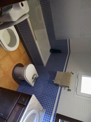 een badkamer met een blauwe tegelvloer en een toilet bij THALLASA APARTMENT VERA PLAYA in Playas de Vera