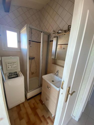 une petite salle de bain avec un lavabo et une douche dans l'établissement Appartement à Marseillan plage à 100m de la plage, à Marseillan