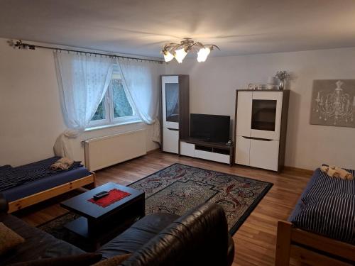 uma sala de estar com um sofá e uma televisão em Mieszkanie na wyłączność em Jelesnia