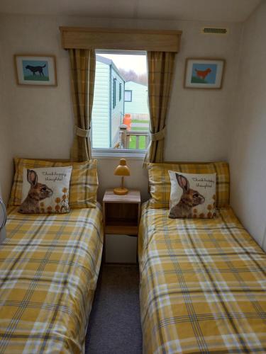 two twin beds in a room with a window at Nala Lodge in Knaresborough