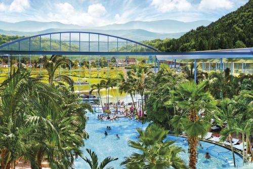 a resort with a pool with palm trees and a bridge at Waldtwin 2 Titisee (W12) + Hochschwarzwald Card in Titisee-Neustadt