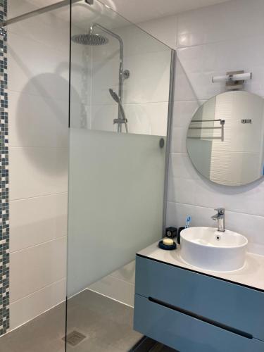 une salle de bain avec un lavabo et une douche dans l'établissement Charmant T2 au bord du lac, à Aix-les-Bains