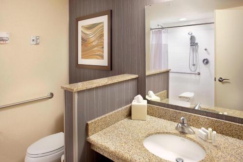 a bathroom with a sink and a toilet and a mirror at Courtyard Reading Wyomissing in Reading