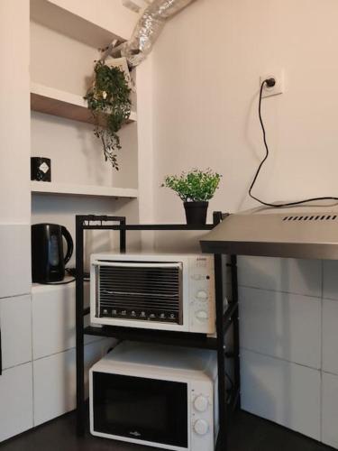 une cuisine avec un comptoir et un four micro-ondes sur une table dans l'établissement Studio le Petit Pantin - Cozy nest, à Pantin