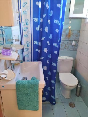 a bathroom with a sink and a toilet and a shower curtain at Η ΑΝΕΣΗ in Agia Anna Naxos