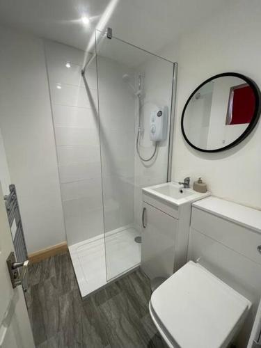 a bathroom with a shower and a toilet and a mirror at 1 bedroom guest suite near city centre. in Gloucester