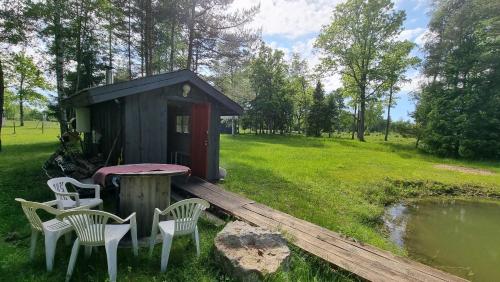 a small cabin with chairs and a table and a pond at Aadniel's Holiday Village in Aula