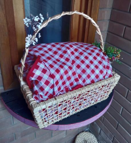 a picnic basket with a red and white checkered blanket at Pousada Grom's Village in Campos do Jordão