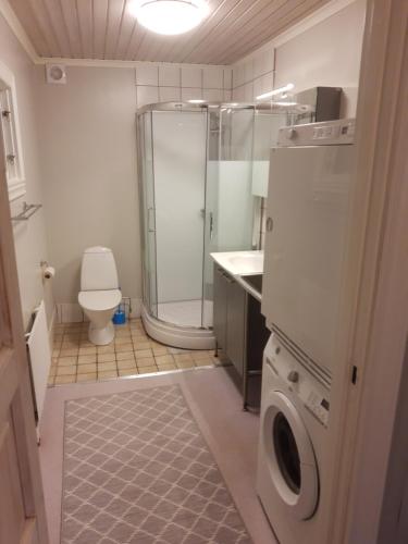 een badkamer met een douche en een wasmachine bij Brofors in Forsheda