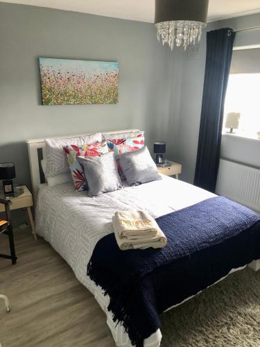 a bedroom with a bed with pillows and a painting at No. 8 in Kilkelly