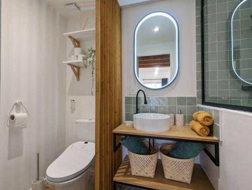 une salle de bain avec un lavabo et un miroir et des toilettes dans l'établissement Studio pour 2 à 10min de la mer, à Saint-Nazaire