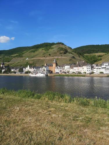 a town on a hill next to a body of water at Ferienhaus zur Weinfee in Briedel