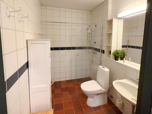 a white bathroom with a toilet and a sink at Apartment HOVDEN II in Hovden