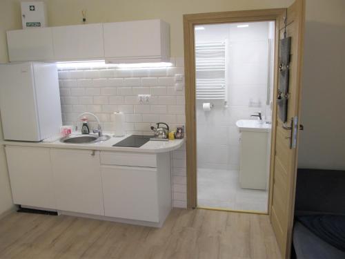 a small kitchen with white cabinets and a sink at Apartamenty Anagora Kotlina Kłodzka III in Nowa Ruda