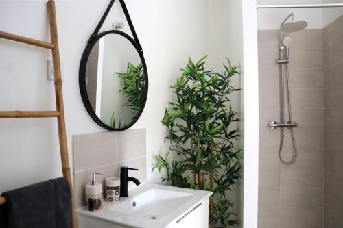 a bathroom with a sink and a mirror at Proche d'Uzès la Terrasse du soleil levant in Collias