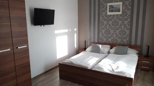 a bedroom with a bed with a television on the wall at Pension Fami Retro Design in Staré Splavy