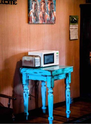a blue table with a microwave on top of it at Caddo Cabin on Collier Creek in Norman