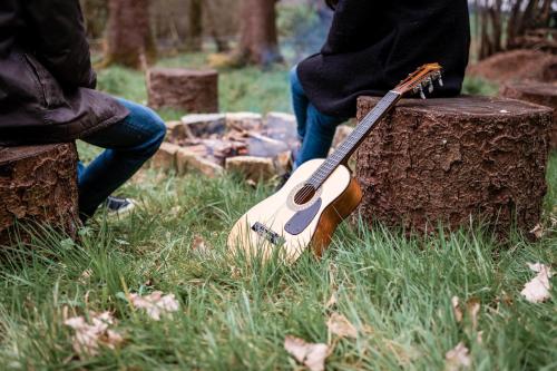 une personne assise sur une étreinte d'arbre avec une guitare dans l'établissement Cottage Breton - Gîte de Charme en Centre Finistère (Situation idéale), à Plonévez-du-Faou