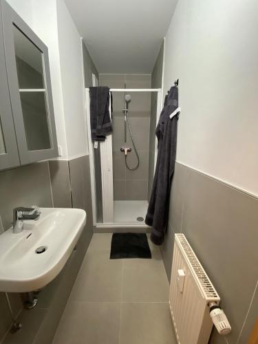 a white bathroom with a sink and a shower at Wohnung in Nürtingen in Nürtingen
