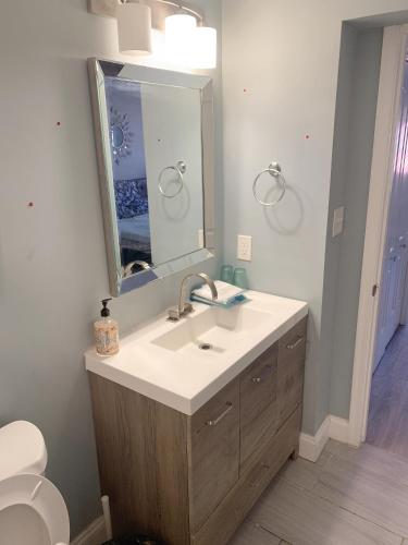 a bathroom with a sink and a mirror at Beautiful master bedroom with private bathroom in Baltimore