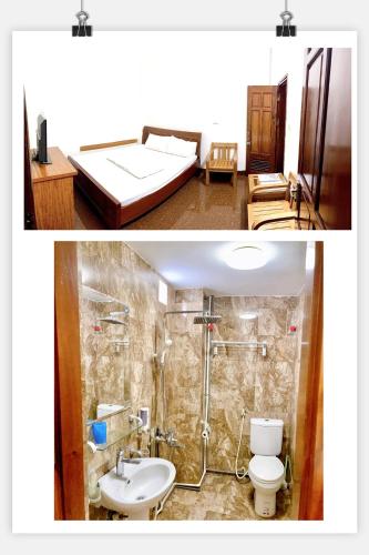 two pictures of a bathroom with a bed and a sink at Nam Khánh Motel in Hanoi