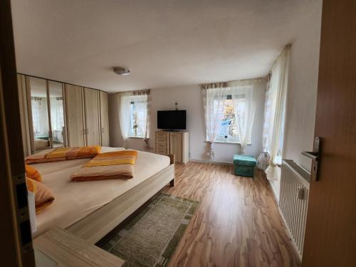 a bedroom with a large bed and a television at Ferienwohnung Schwarz 