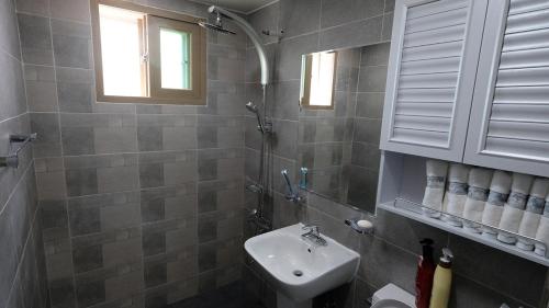 a bathroom with a sink and a toilet and a mirror at Ein House in Gongju