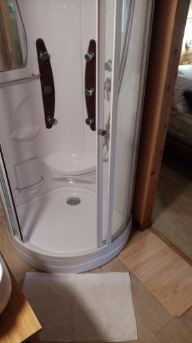 a shower with the door open in a bathroom at La CAFRINE in Cilaos