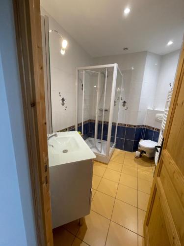 a bathroom with a sink and a shower and a toilet at Biologite in Argentré-du-Plessis