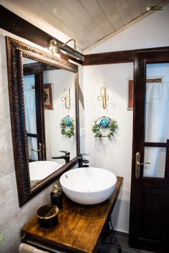 a bathroom with a sink and a large mirror at Pensiunea Casa Varvara in Tulcea