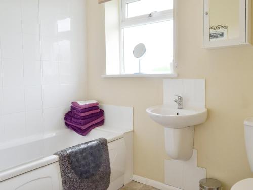 a bathroom with a sink and a toilet and a window at Snowdrop Cottage - W43121 in Goxhill
