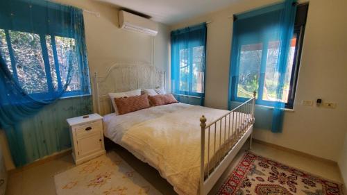 a bedroom with a bed with blue curtains and windows at פינה ללב in Rosh Pinna