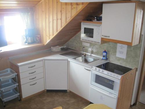 Haus Pfarrkirchner في ماوترندورف: مطبخ صغير مع حوض وموقد
