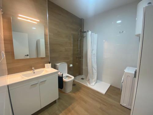 uma casa de banho com um lavatório, um WC e um espelho. em Mateos em Múrcia