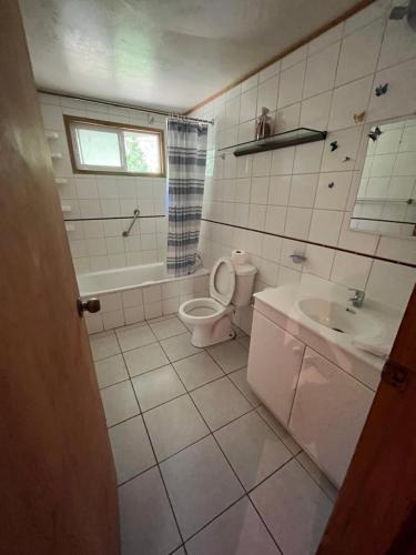 y baño con aseo y lavamanos. en Casa Alfalfal en San José de Maipo