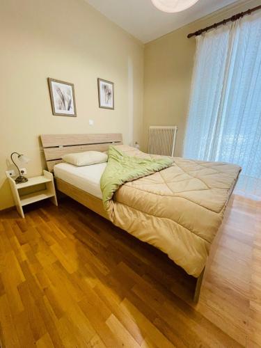 um quarto com uma cama e piso em madeira em Camelia Apartment em Nafplio