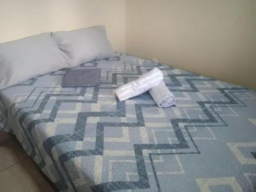 ein Bett mit einem Buch und Toilettenpapier darauf in der Unterkunft Chalé Pôr do Sol in Bananeiras