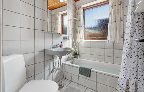 3 Bedroom Beautiful Home In Haderslev في هادرسليف: حمام مع حوض ومرحاض وحوض استحمام