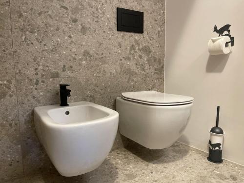 a bathroom with a white toilet and a sink at Il Ruscello Mountain Apartment in Madesimo
