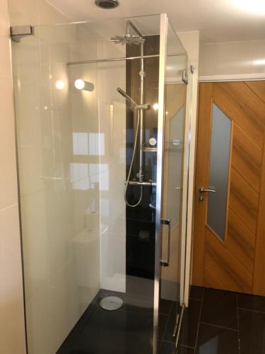 a shower with a glass door in a bathroom at Number 19, Cardigan in Cardigan