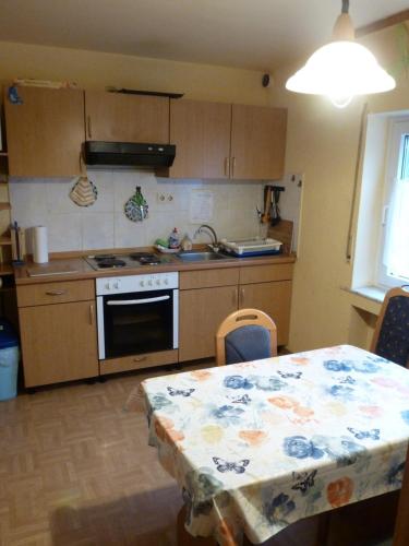 a kitchen with a table and a sink and a stove at Monteurwohnung Eichenpark in Pottum