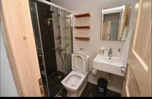 een badkamer met een toilet, een wastafel en een douche bij Ferma Beach Villas in Ferma